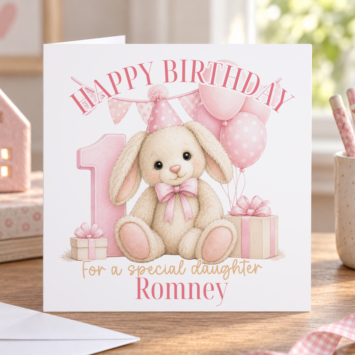 Personalised Pink Bunny 1st Birthday Card, Any Name & Relation, 6x6 Inch