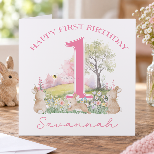 Personalised Pink Bunny First Birthday Card