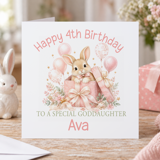 Personalised Pink Bunny Present Birthday Card, Any Age & Name, 6x6