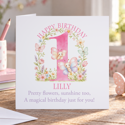 Personalised Pink Butterflies 1st Birthday Card, Any Name, 6x6 Inch