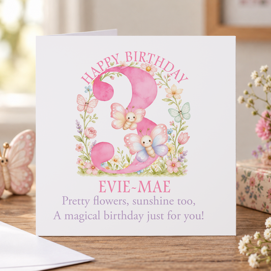 Personalised Pink Butterflies Birthday Card, Any Age & Name, 6x6 Inch
