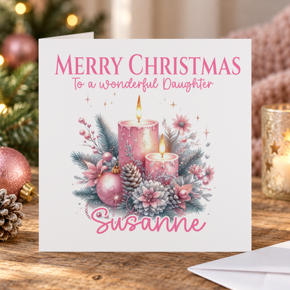 Personalised Pink Christmas Card, Candle and Baubles, Any Name & Relation, 6x6 Inch