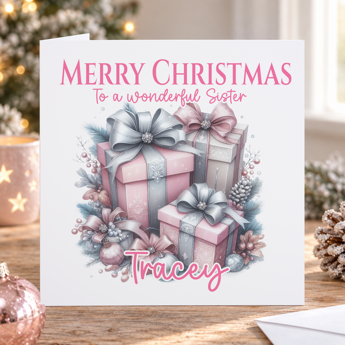 Personalised Pink Christmas Card, Stack of Presents, Any Name & Relation, 6x6 Inch