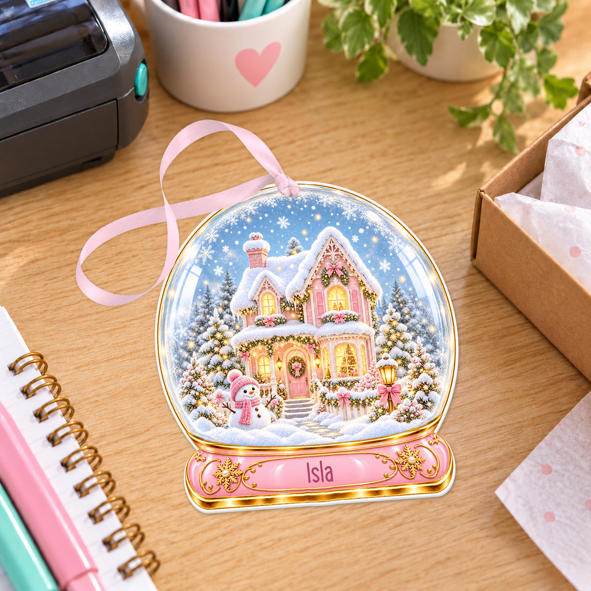 Personalised pink Christmas house snow globe bauble with name, white acrylic Christmas decoration with ribbon, shown on a desk