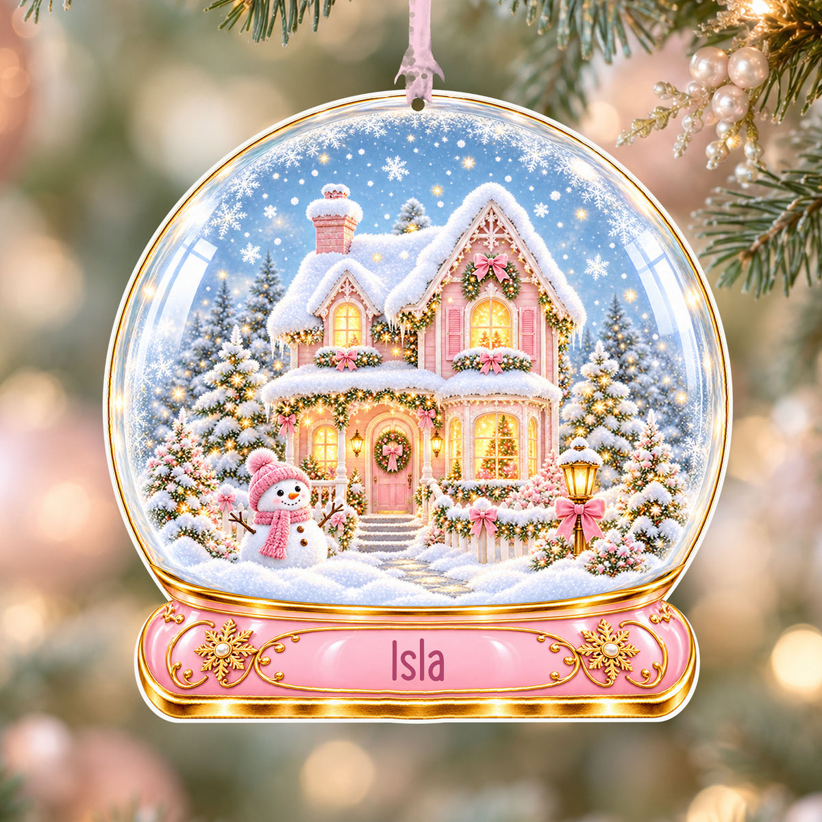 Personalised pink Christmas house acrylic snow globe Christmas bauble with custom name, hanging on a Christmas tree with baby pink ribbon