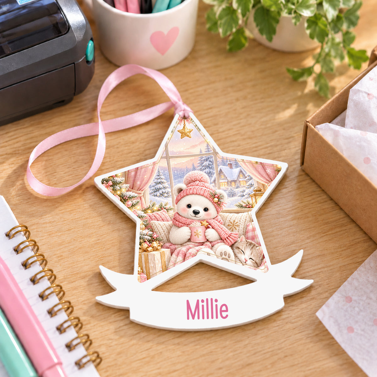 Personalised pink Christmas window white acrylic star bauble with name, 10cm Christmas decoration with ribbon, shown on a desk