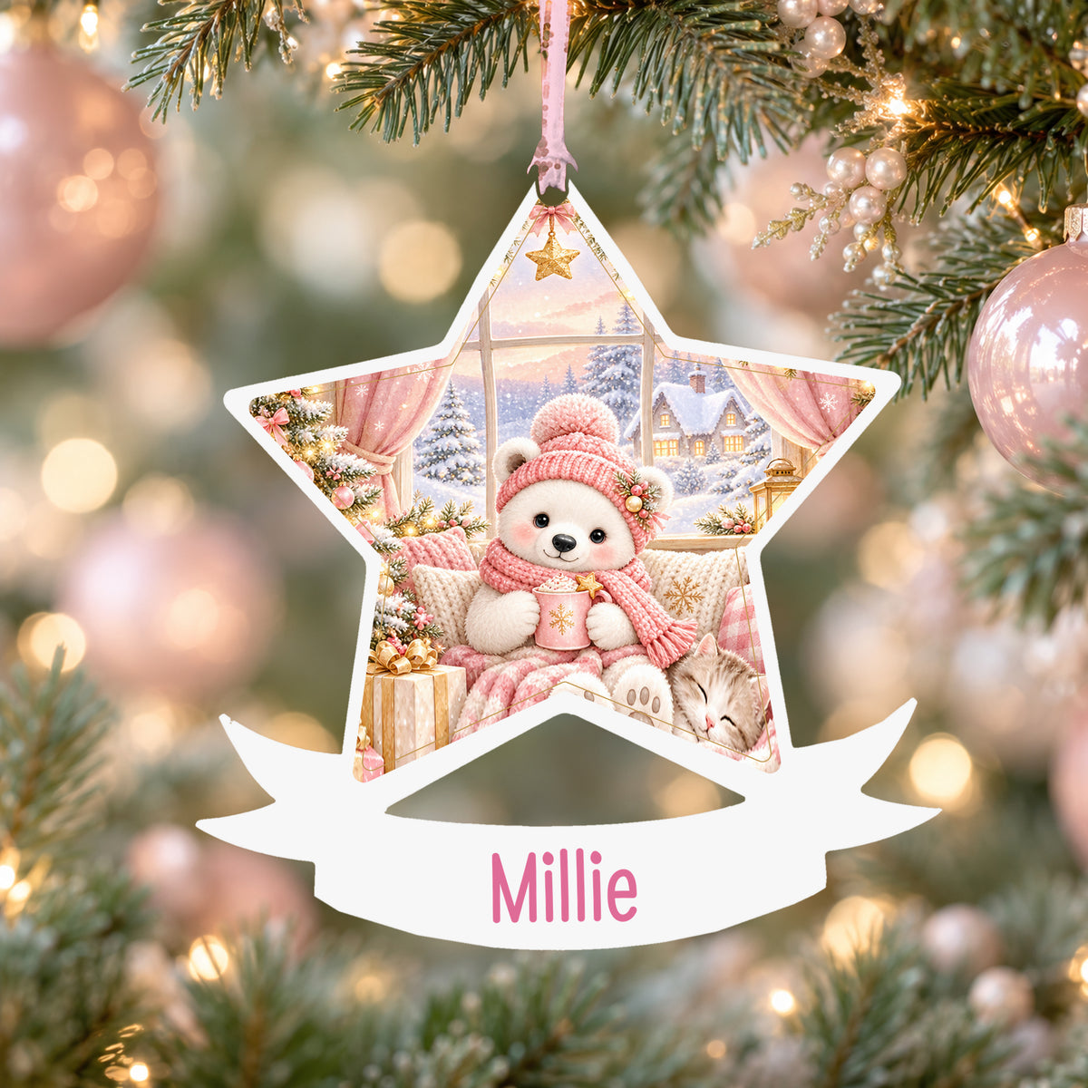 Personalised pink Christmas window acrylic star Christmas bauble with custom name, hanging on a Christmas tree with baby pink ribbon