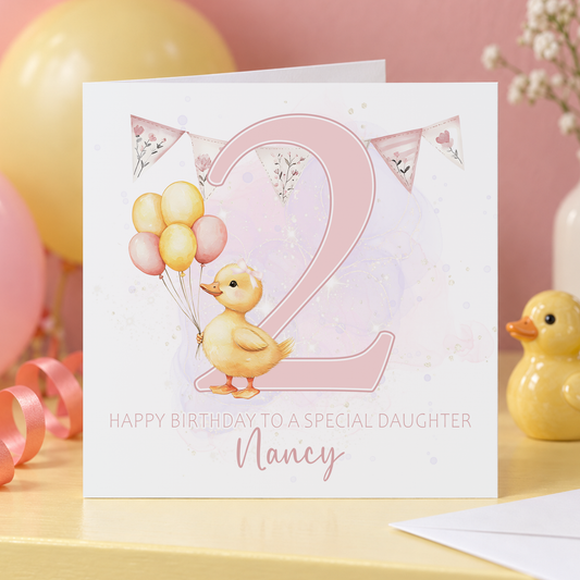Personalised Pink Duck 2nd Birthday Card, Any Name & Relation, 6x6 Inch