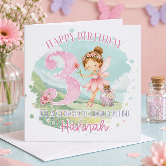 Personalised Pink Fairy Birthday Card – Custom Age Card for Girls