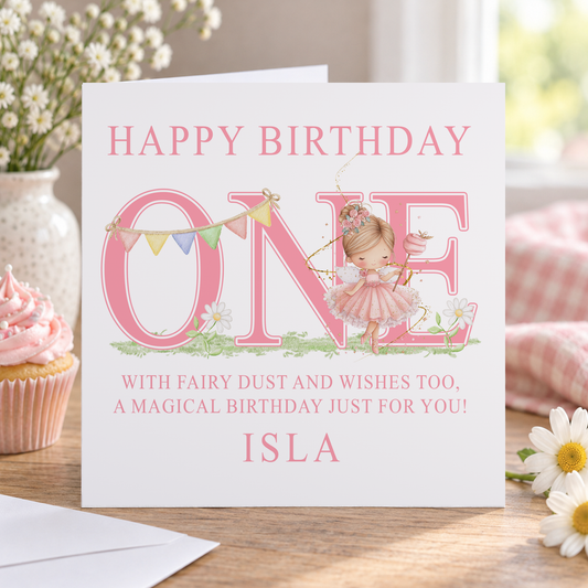 Personalised Pink Fairy First Birthday Card