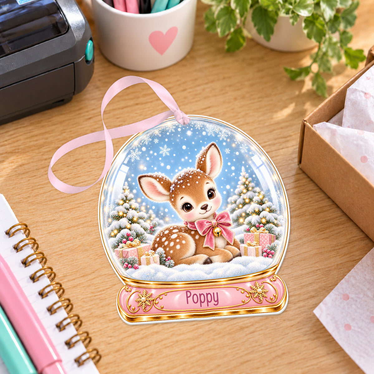 Personalised pink fawn snow globe bauble with name, white acrylic Christmas decoration with ribbon, shown on a desk