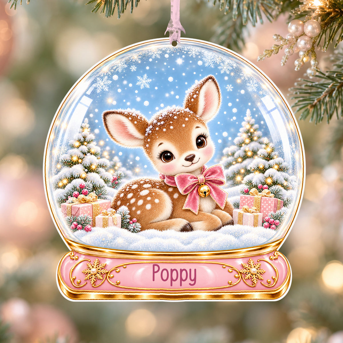 Personalised pink fawn acrylic snow globe Christmas bauble with custom name, hanging on a Christmas tree with baby pink ribbon