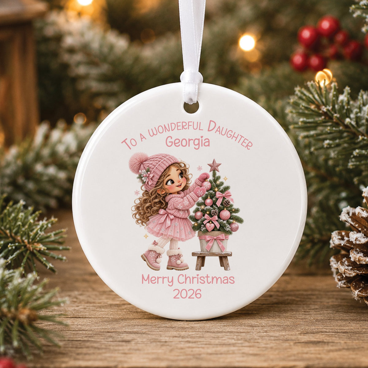 Personalised white ceramic Christmas bauble showing a little girl with long curly hair in a pink bobble hat and tutu decorating a small Christmas tree with pink baubles, with To a wonderful Niece or Daughter, a name and Merry Christmas 2026 in pink