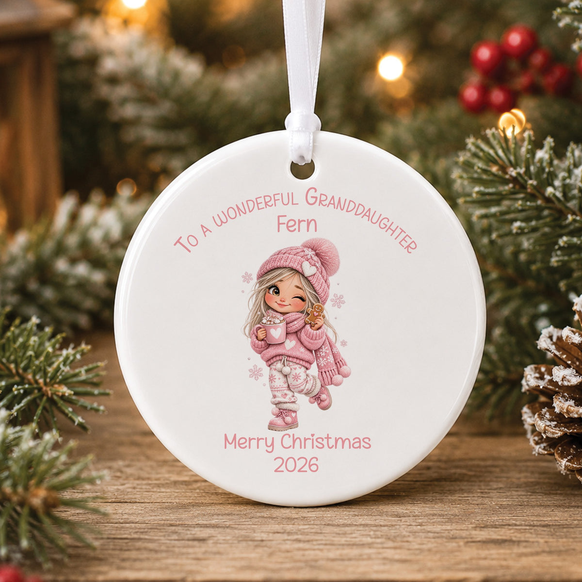 Personalised white ceramic Christmas bauble showing a little girl with long blonde hair in a pink bobble hat holding a hot chocolate and gingerbread man, with To a wonderful Granddaughter, a name and Merry Christmas 2026 in pink