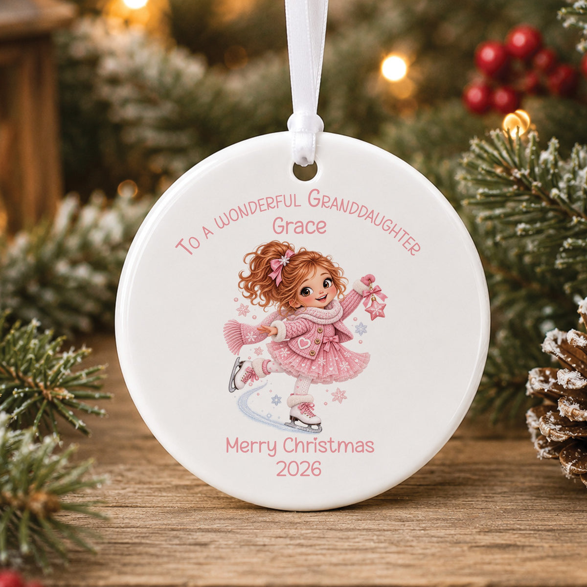Personalised white ceramic Christmas bauble showing a little girl with red curly hair ice skating in a pink tutu and cardigan, with To a wonderful Granddaughter, a name and Merry Christmas 2026 in pink