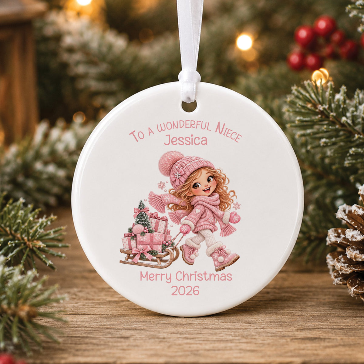 Personalised white ceramic Christmas bauble showing a little girl with long strawberry blonde hair in a pink bobble hat pulling a sledge piled with pink presents, with To a wonderful Niece or Daughter, a name and Merry Christmas 2026 in pink