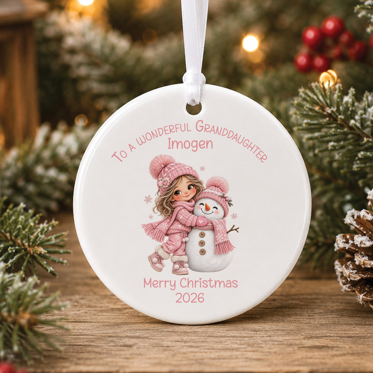 Personalised white ceramic Christmas bauble showing a little girl with light brown hair in a pink bobble hat hugging a snowman in a matching pink hat and scarf, with To a wonderful Granddaughter, a name and Merry Christmas 2026 in pink