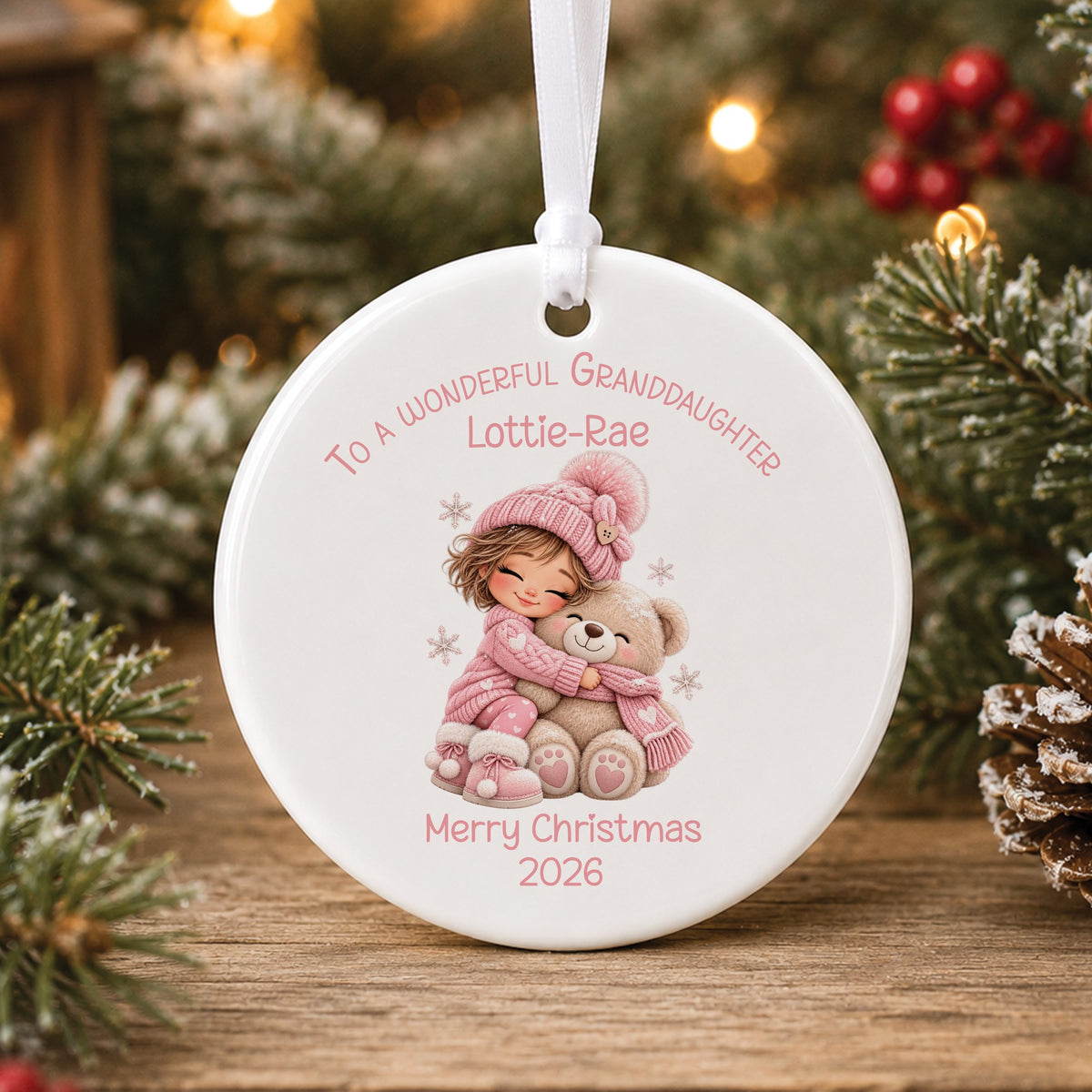 Personalised white ceramic Christmas bauble showing a little girl with short brown hair in a pink bobble hat cuddling a teddy bear, with To a wonderful Granddaughter, a name and Merry Christmas 2026 in pink