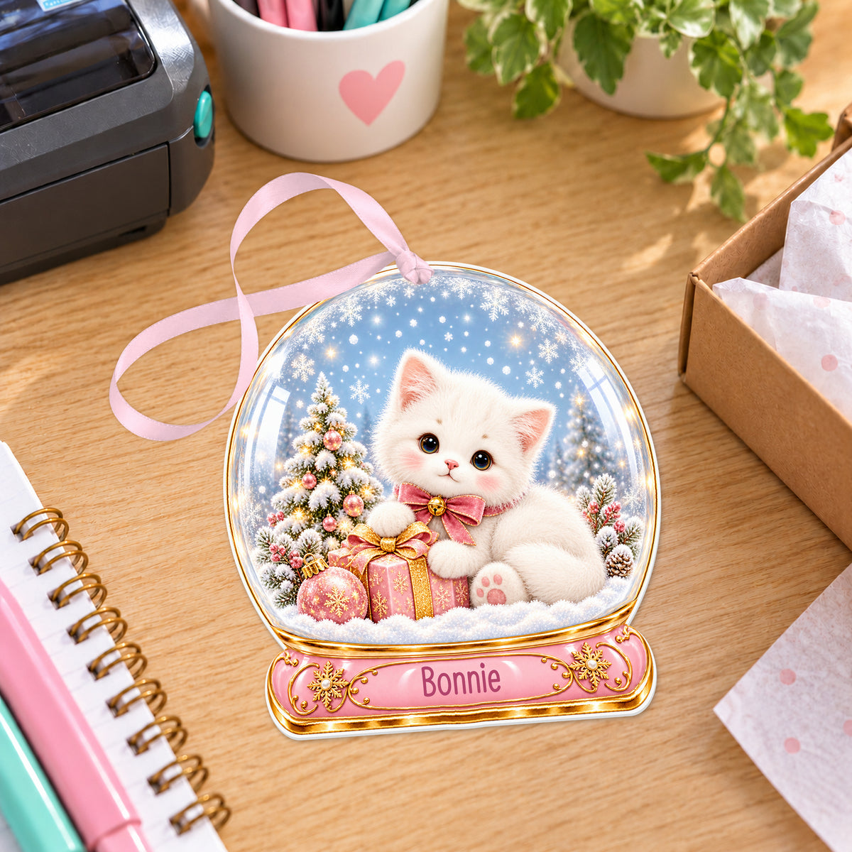 Personalised pink kitten snow globe bauble with name, white acrylic Christmas decoration with ribbon, shown on a desk