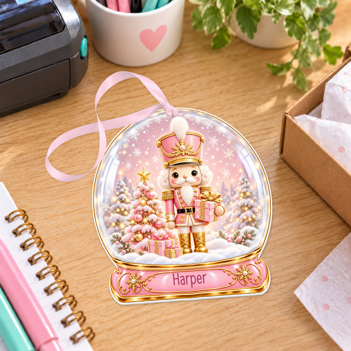 Personalised pink nutcracker snow globe bauble with name, white acrylic Christmas decoration with ribbon, shown on a desk