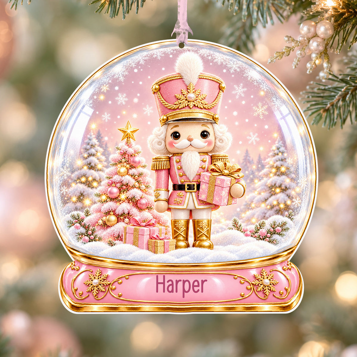 Personalised pink nutcracker acrylic snow globe Christmas bauble with custom name, hanging on a Christmas tree with baby pink ribbon