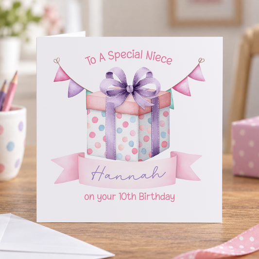 Personalised Pink Present Birthday Card, Any Age, Name & Relation, 6x6 Inch