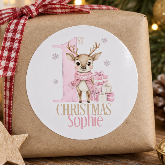 Personalised Pink Reindeer Christmas Stickers – Glossy Gift Labels, Any Name