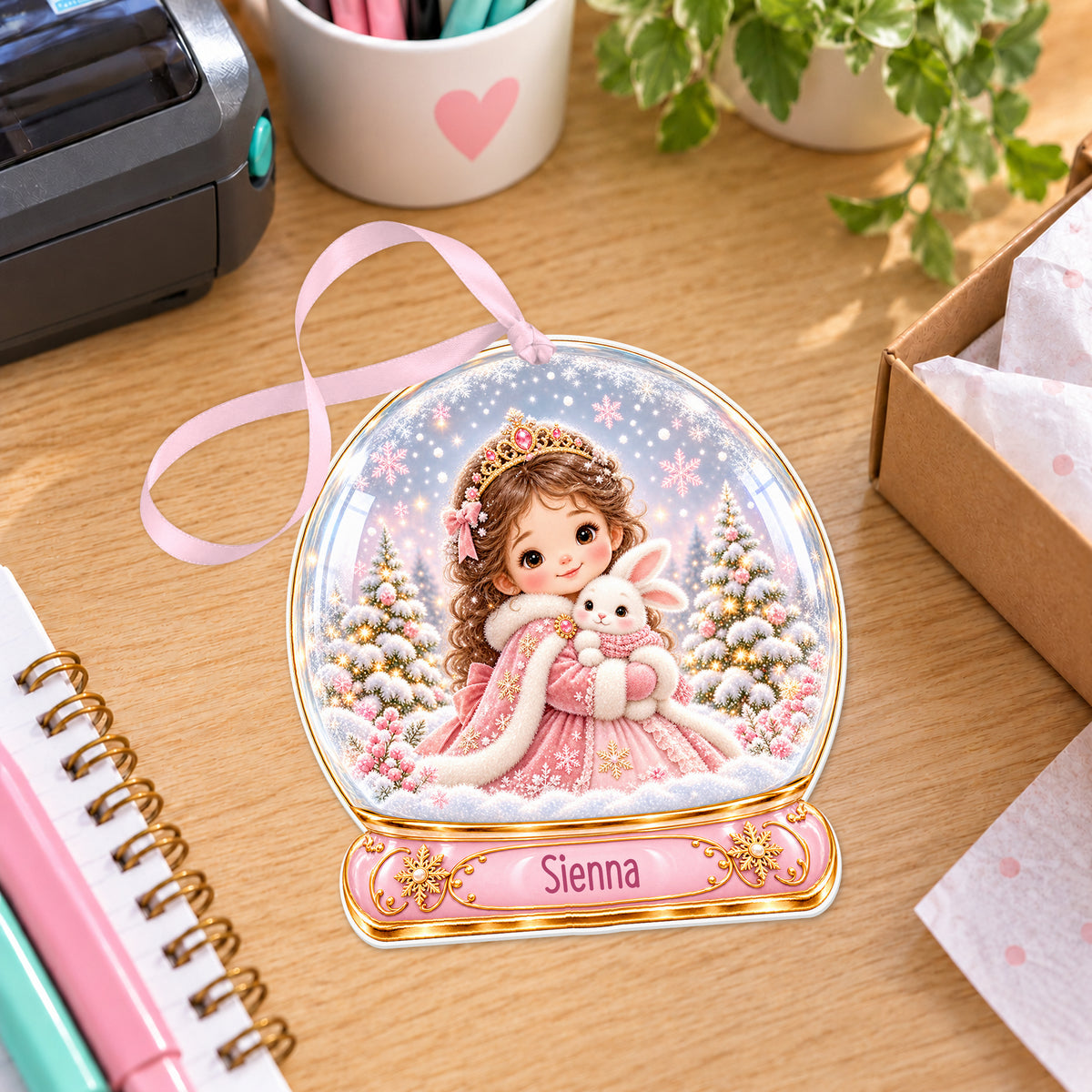 Personalised pink snow princess snow globe bauble with name, white acrylic Christmas decoration with ribbon, shown on a desk
