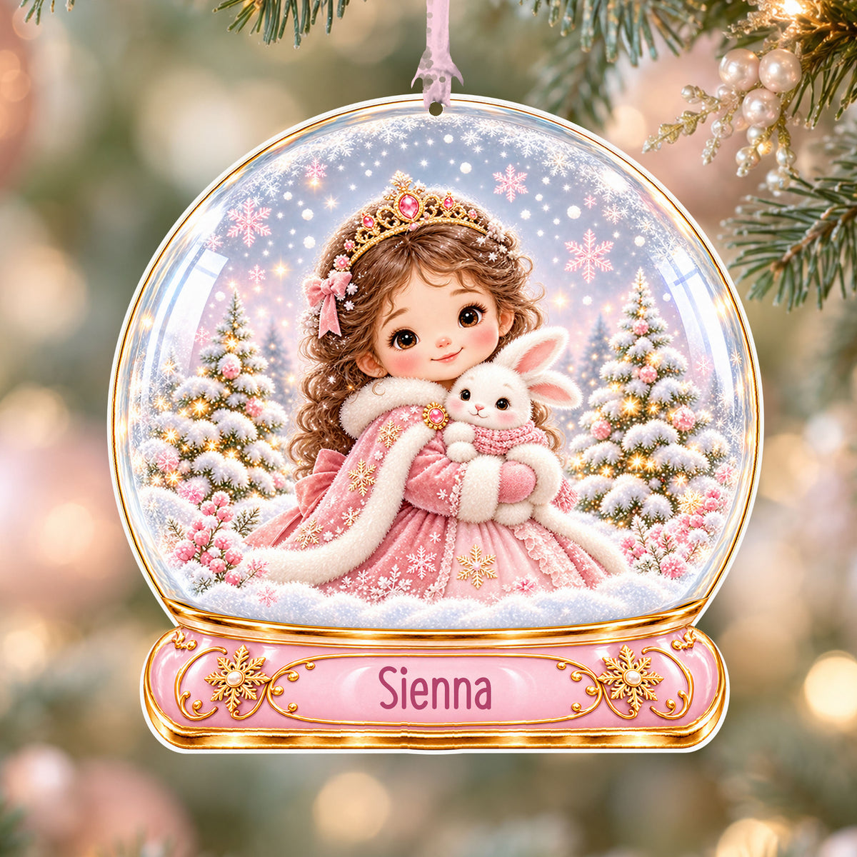 Personalised pink snow princess acrylic snow globe Christmas bauble with custom name, hanging on a Christmas tree with baby pink ribbon