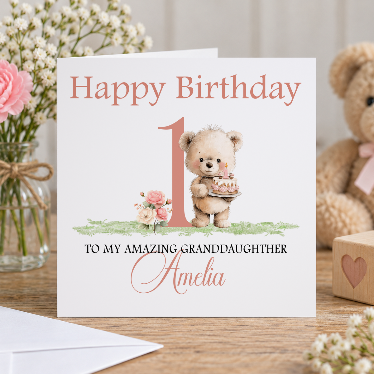 Personalised Pink Teddy 1st Birthday Card, Any Name & Relation, 6x6 Inch