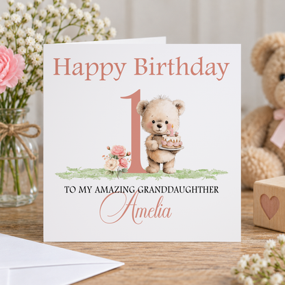 Personalised Pink Teddy 1st Birthday Card, Any Name & Relation, 6x6 Inch