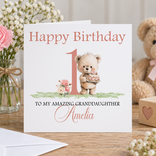 Personalised Pink Teddy 1st Birthday Card, Any Name & Relation, 6x6 Inch
