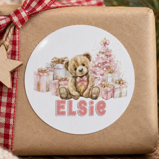 Personalised Pink Teddy Christmas Stickers – Sweet Pastel Round Gift Tags, Custom Name