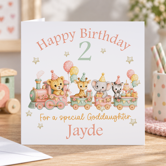 Personalised Pink Train Birthday Card, Any Age, Name & Relation, 6x6
