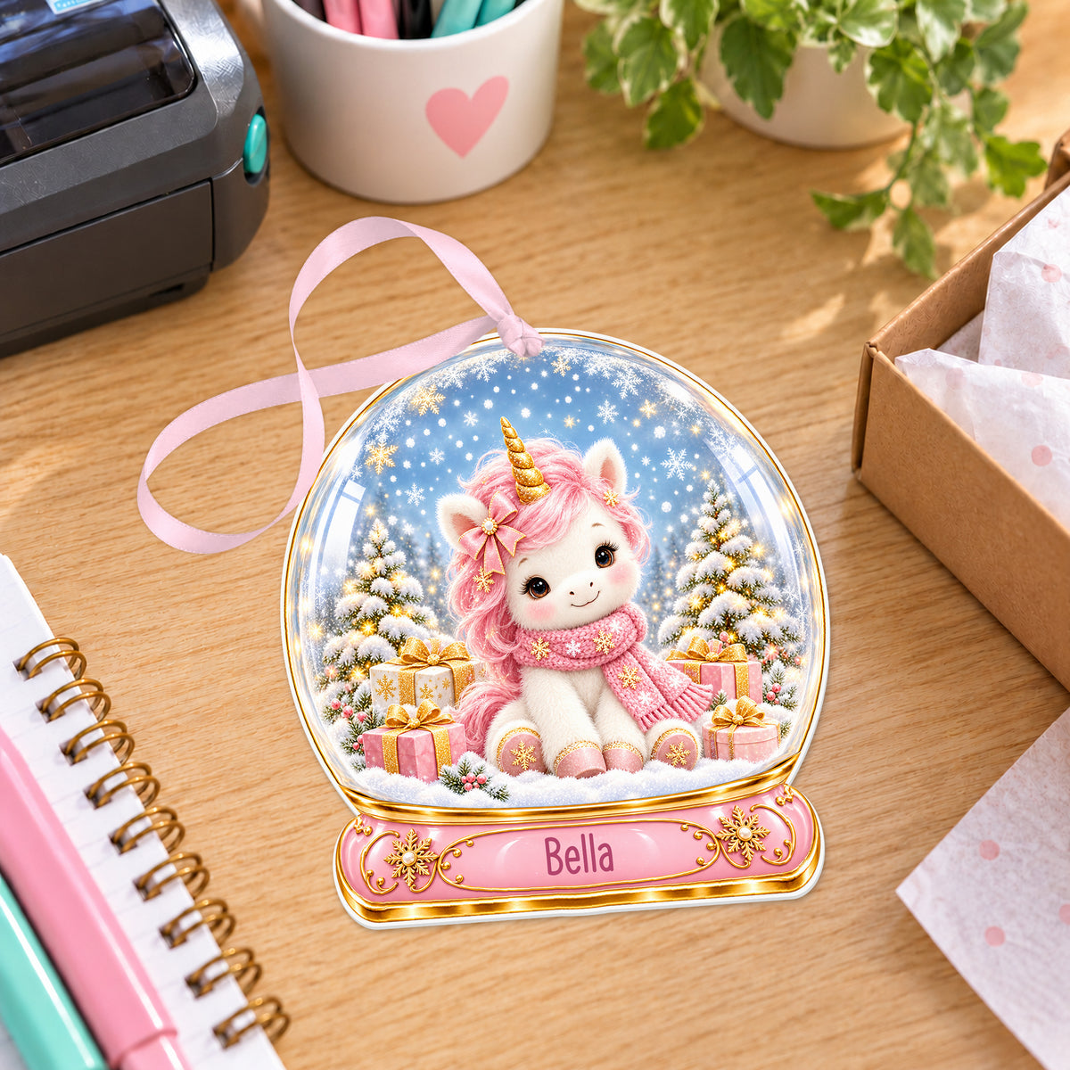 Personalised pink unicorn snow globe bauble with name, white acrylic Christmas decoration with ribbon, shown on a desk