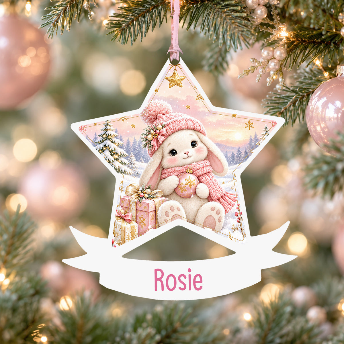 Personalised pink winter bunny acrylic star Christmas bauble with custom name, hanging on a Christmas tree with baby pink ribbon