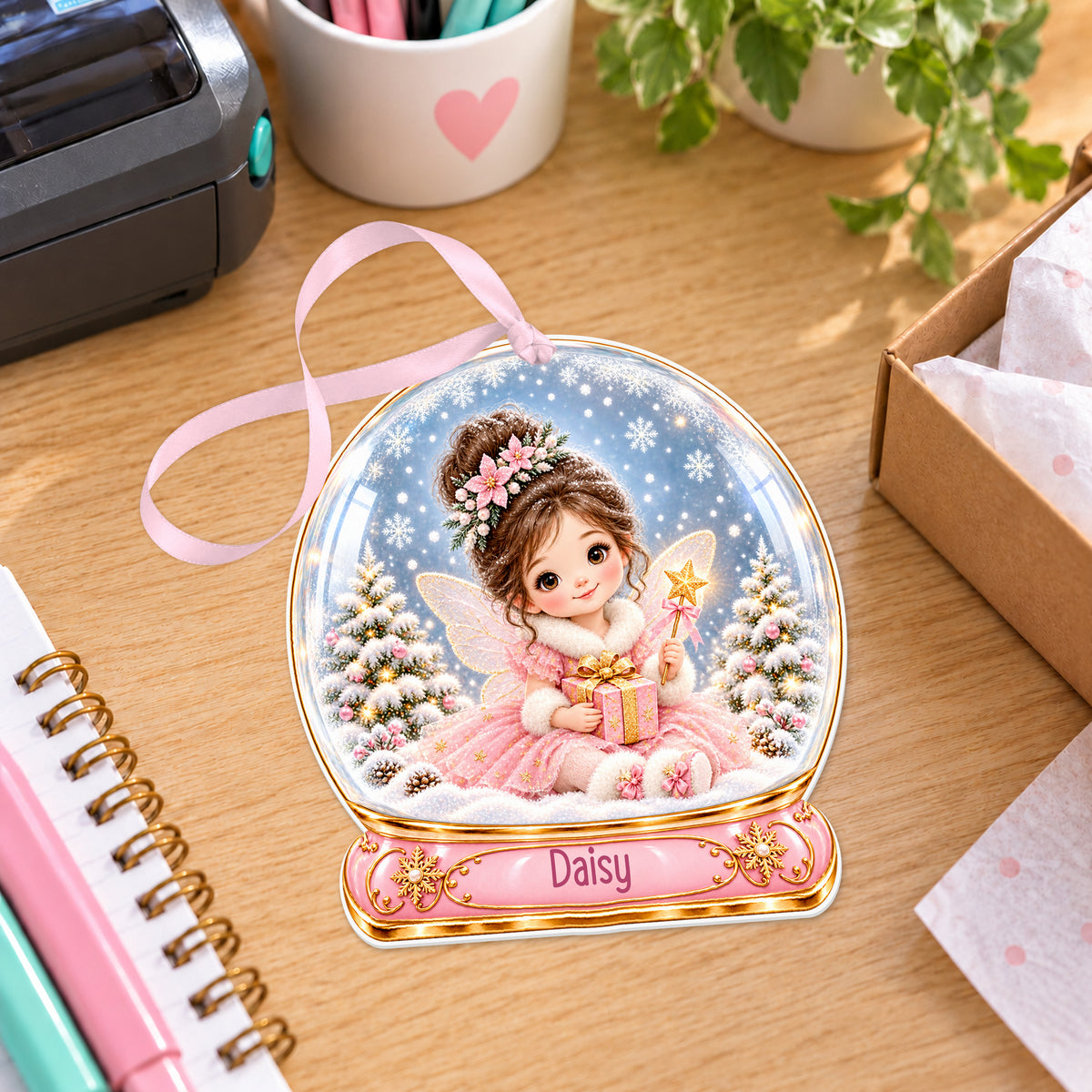 Personalised pink winter fairy snow globe bauble with name, white acrylic Christmas decoration with ribbon, shown on a desk