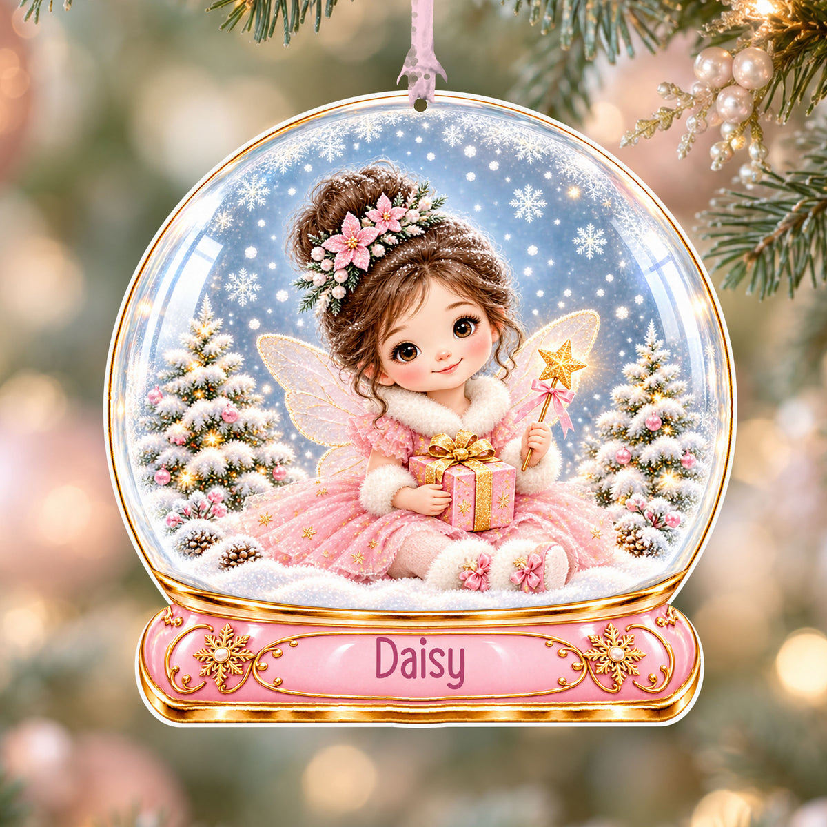 Personalised pink winter fairy acrylic snow globe Christmas bauble with custom name, hanging on a Christmas tree with baby pink ribbon