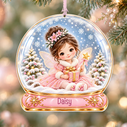 Personalised pink winter fairy acrylic snow globe Christmas bauble with custom name, hanging on a Christmas tree with baby pink ribbon