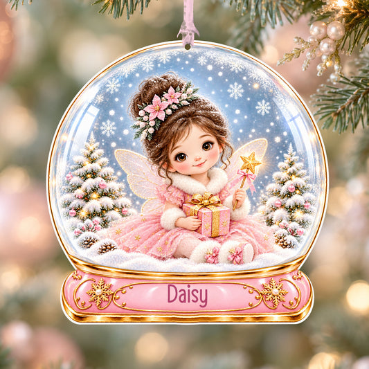Personalised pink winter fairy acrylic snow globe Christmas bauble with custom name, hanging on a Christmas tree with baby pink ribbon