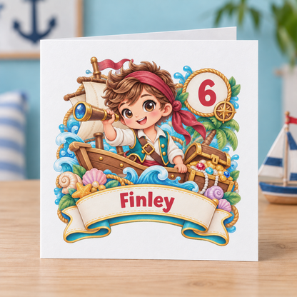 Personalised Pirate Birthday Card, Any Age & Name, 6x6 Inch
