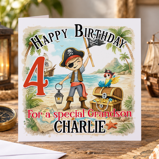 Personalised Pirate Birthday Card – Treasure Chest & Island, Any Age, 6x6