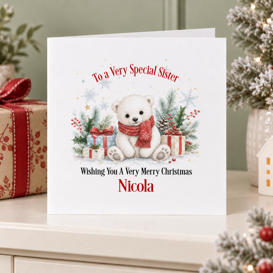Personalised Polar Bear Christmas Card for Sister – Red Scarf & Presents, 6x6