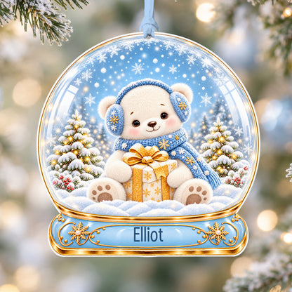 Personalised polar bear cub acrylic snow globe Christmas bauble with custom name, hanging on a Christmas tree with baby blue ribbon