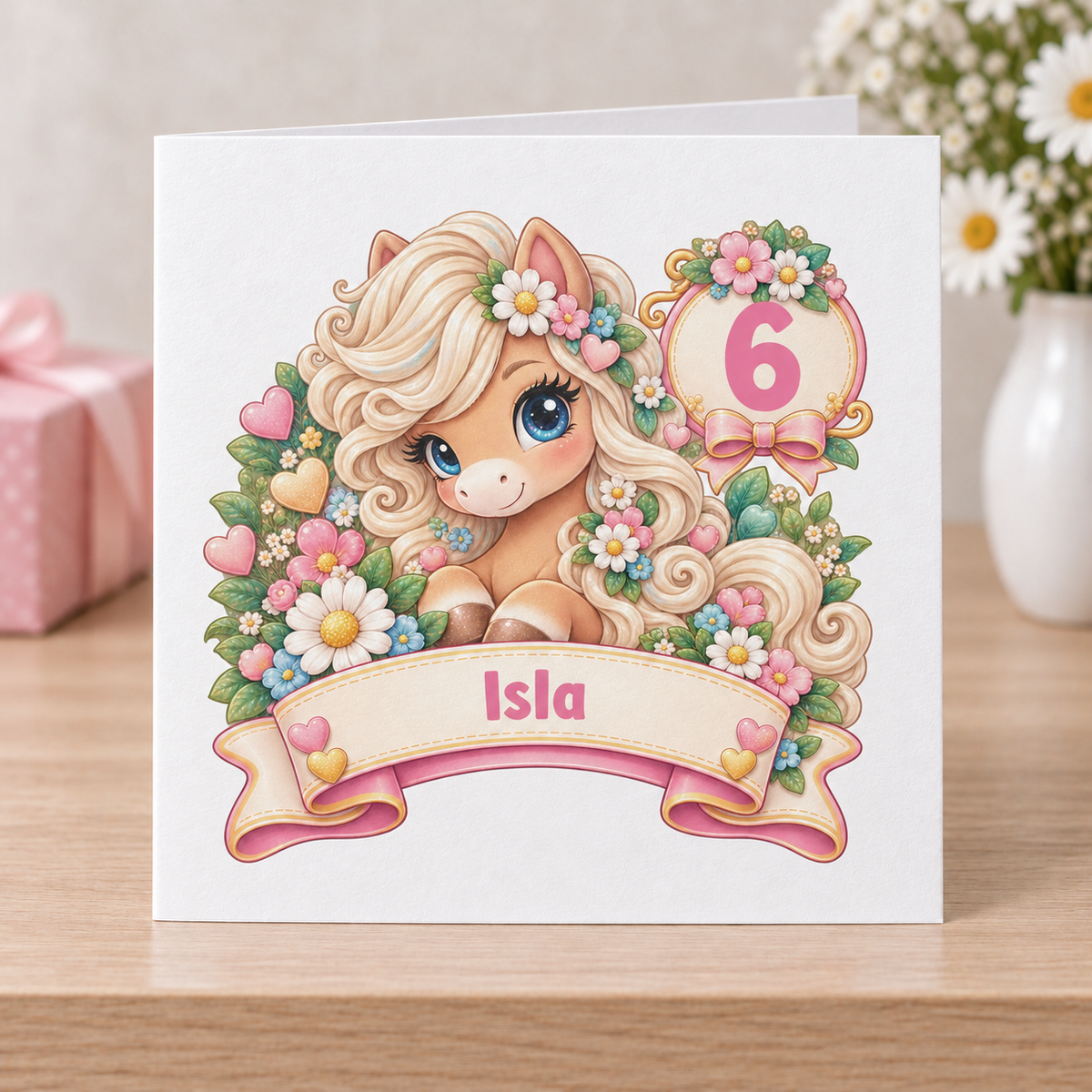 Personalised Pony Birthday Card, Any Age & Name, 6x6 Inch