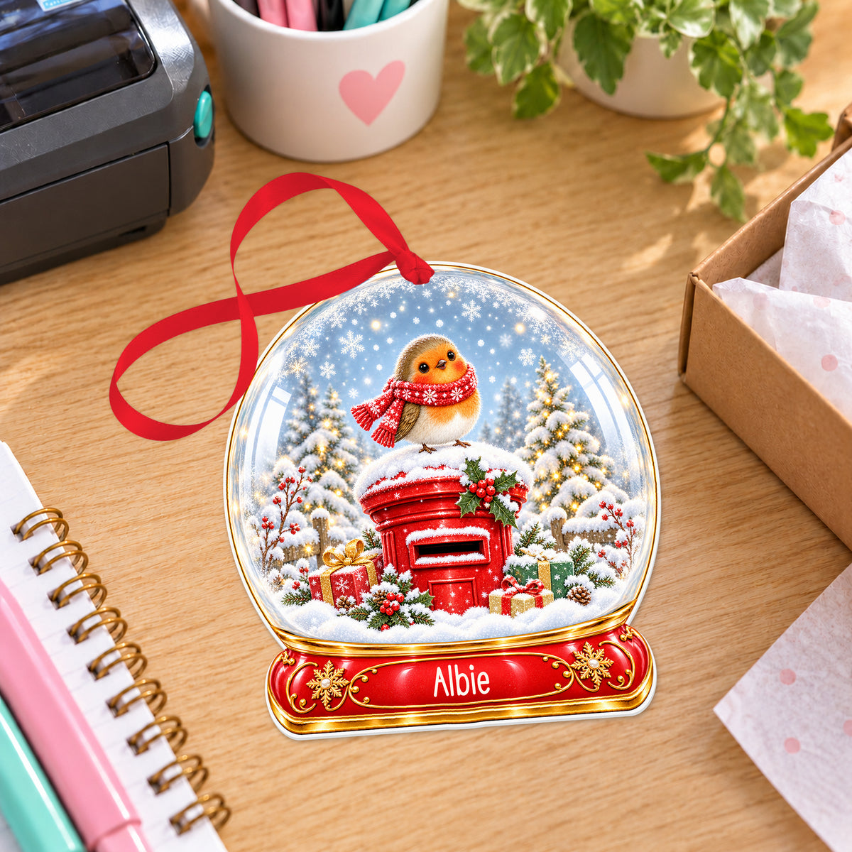 Personalised postbox robin snow globe bauble with name, white acrylic Christmas decoration with ribbon, shown on a desk