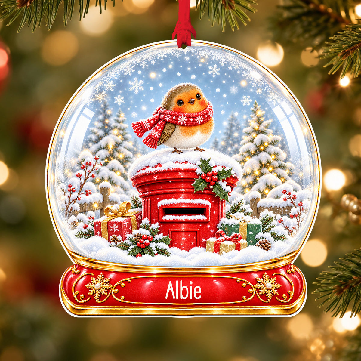 Personalised postbox robin acrylic snow globe Christmas bauble with custom name, hanging on a Christmas tree with red ribbon