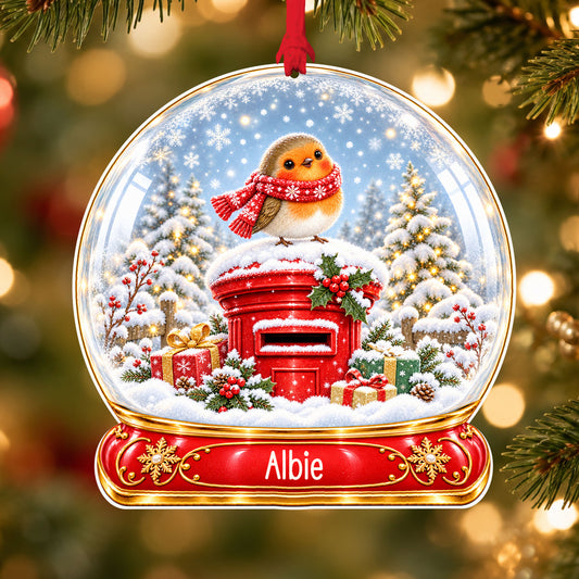 Personalised postbox robin acrylic snow globe Christmas bauble with custom name, hanging on a Christmas tree with red ribbon
