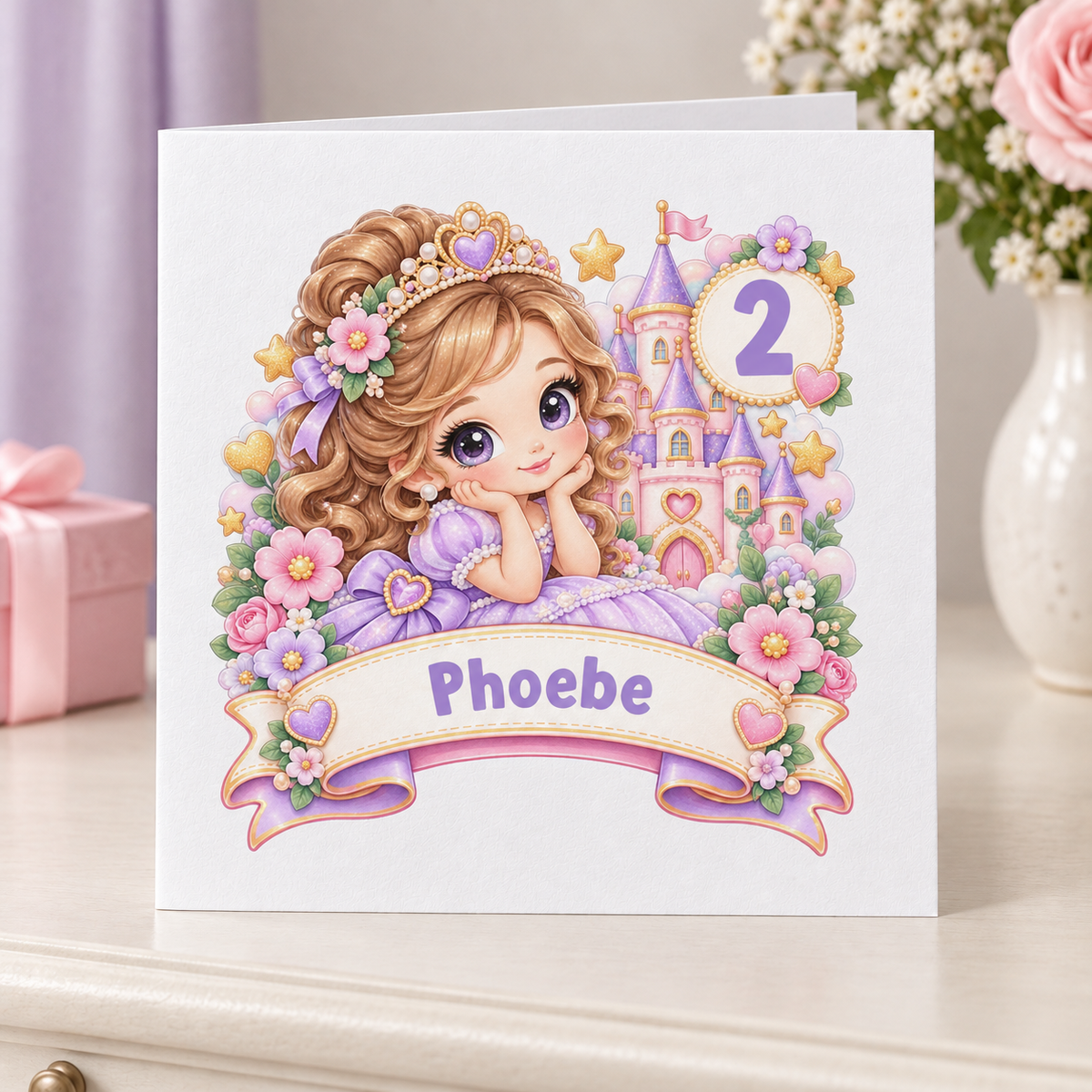 Personalised Princess Birthday Card, Any Age & Name, 6x6 Inch