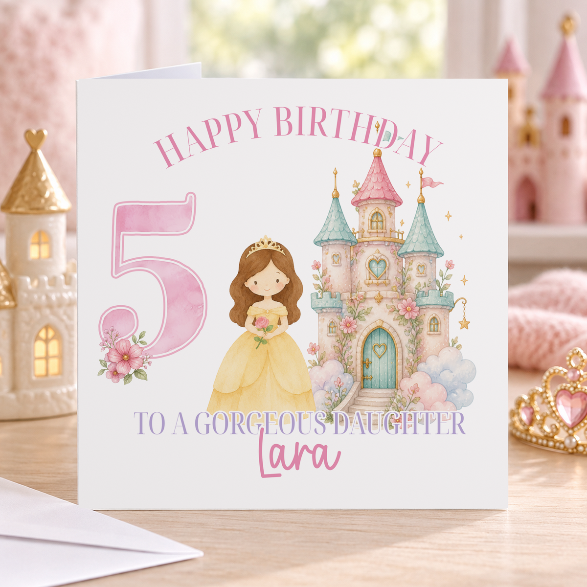 Personalised Princess Castle Birthday Card, Any Age, Name & Relation, 6x6 Inch